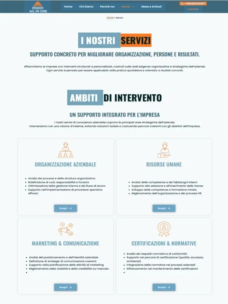Pagina servizi dopo il restyling, servizi separati in card leggibili con percorsi dedicati