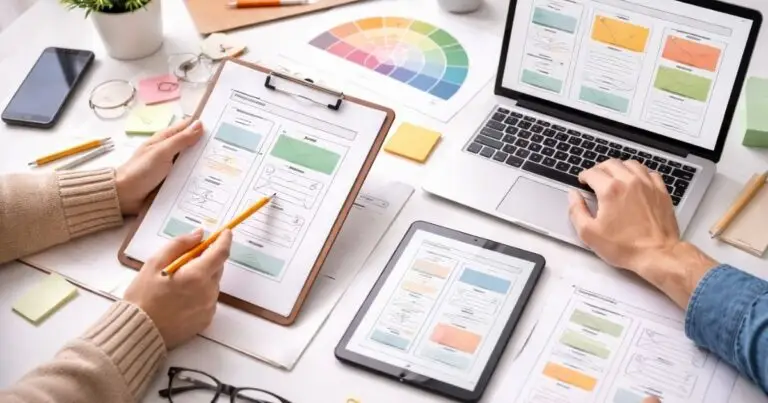 Due professionisti che valutano insieme le opzioni per un progetto di sito web