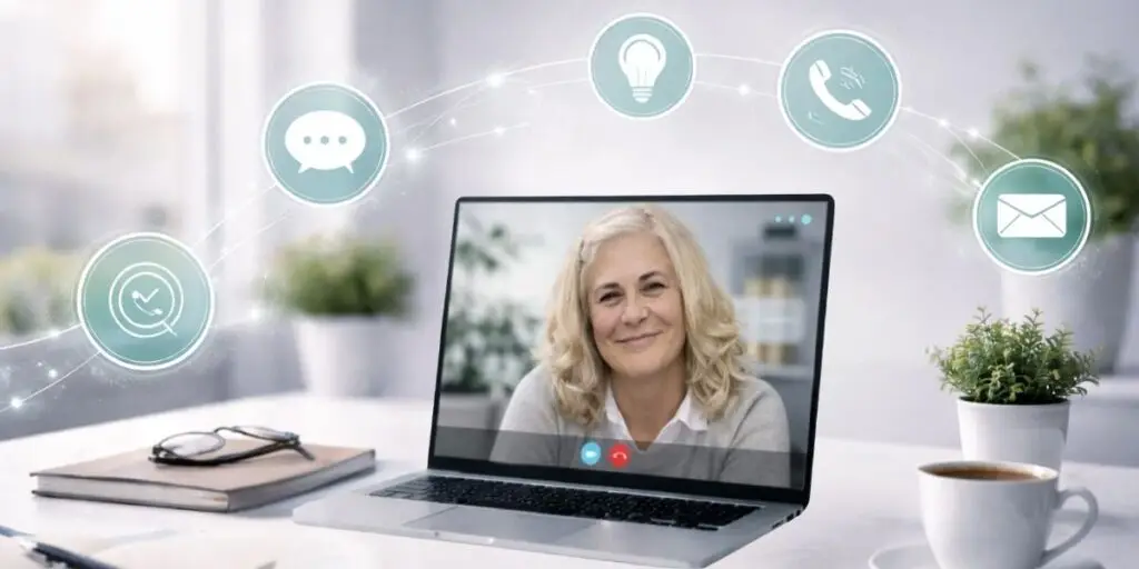 Consulente digitale in video call durante la fase di condivisione dell’idea per un sito web