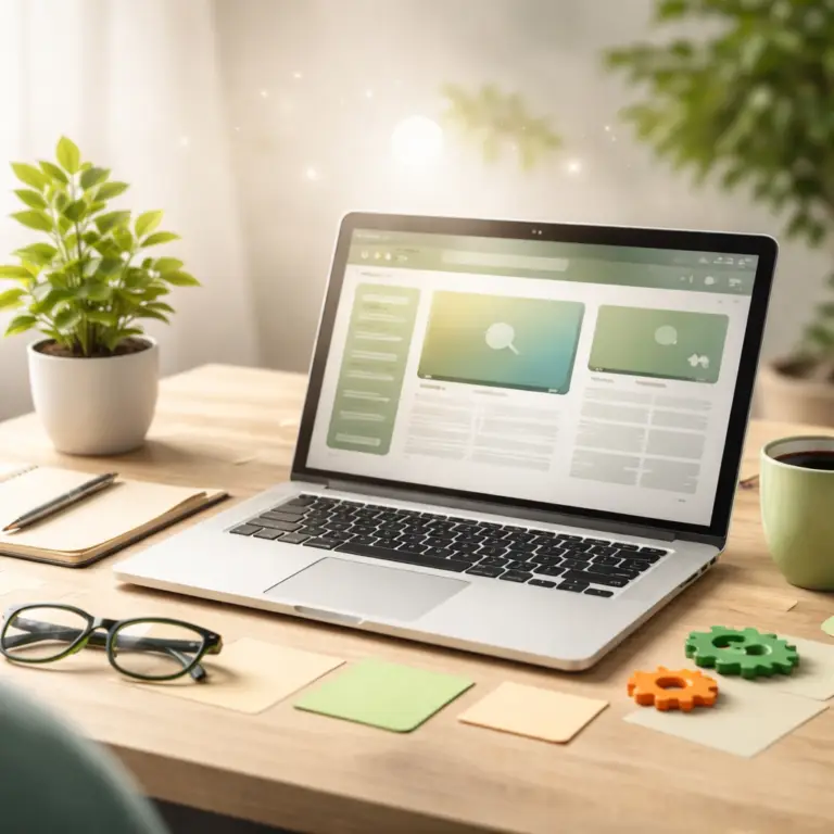 Scrivania del web designer con laptop e strumenti di design, rappresentazione della cura e della precisione nella creazione di siti web professionali.