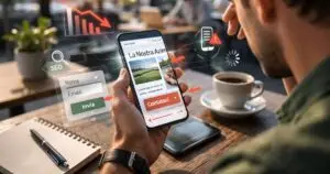 Uomo che guarda un sito web non ottimizzato su smartphone, con layout e contenuti tagliati ai bordi dello schermo.