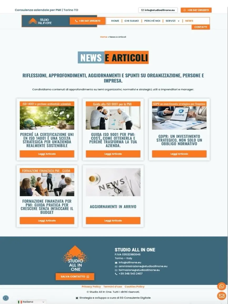 Pagina News e Articoli dopo il restyling, griglia di card con immagini dedicate, titoli leggibili e pulsanti di lettura, gerarchia visiva ordinata