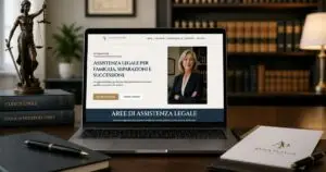Esempio di sito web per avvocati visualizzato su laptop in uno studio legale con libri giuridici e bilancia della giustizia