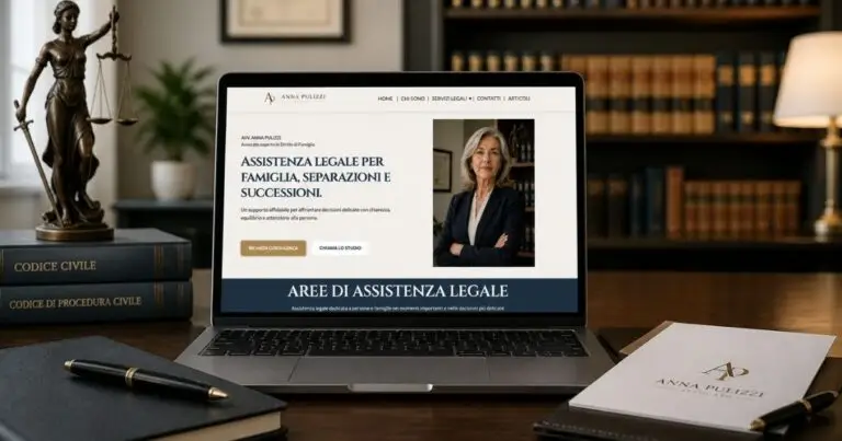 Esempio di sito web per avvocati visualizzato su laptop in uno studio legale con libri giuridici e bilancia della giustizia