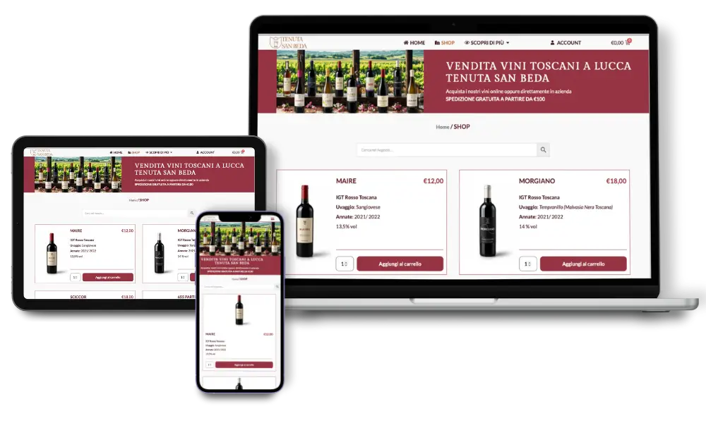 sito ecommerce per la vendita di vini online visualizzato su desktop e dispositivi mobili