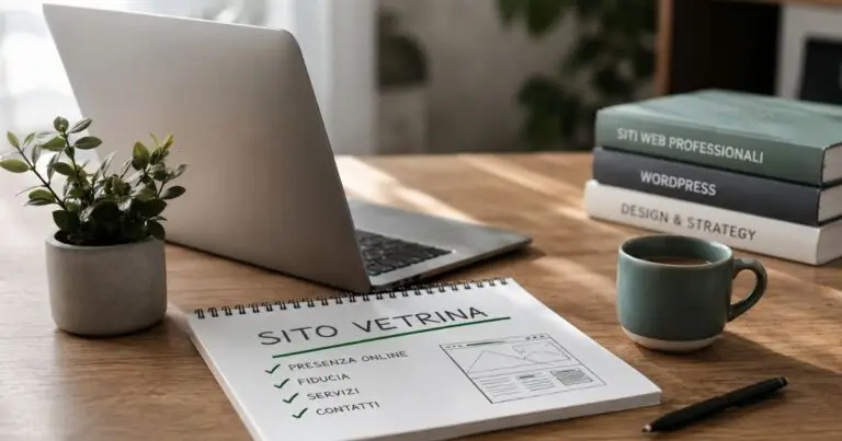 Appunti e laptop su scrivania per la progettazione di un sito vetrina WordPress professionale