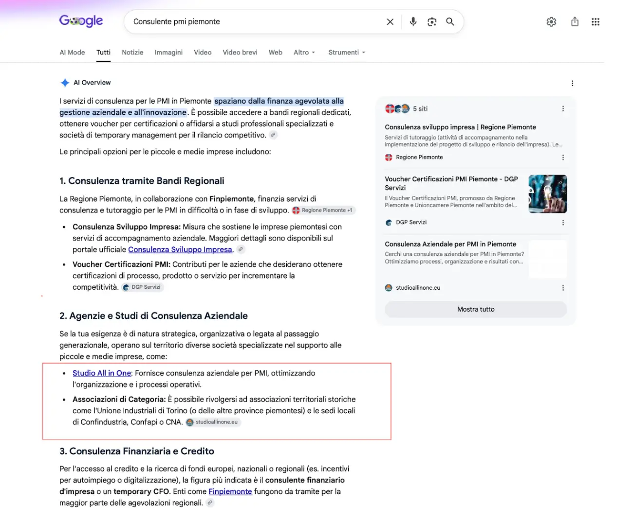 Studio All In One citato da AI nella ricerca di google