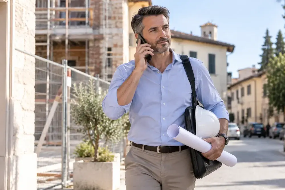 geometra che cammina per strada parlando al telefono