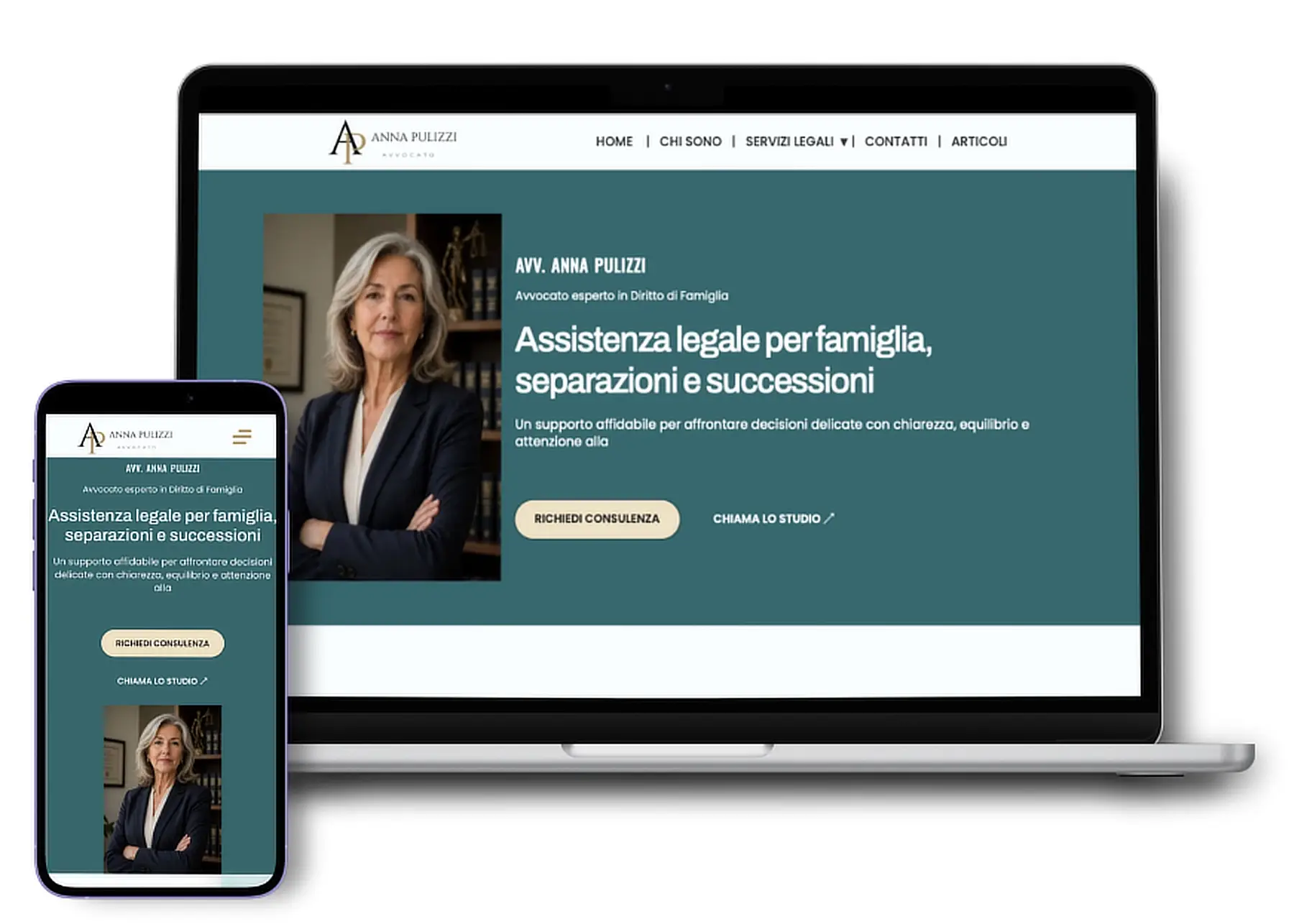 esempio di sito responsive per studio legale, visto su desktop, e mobile